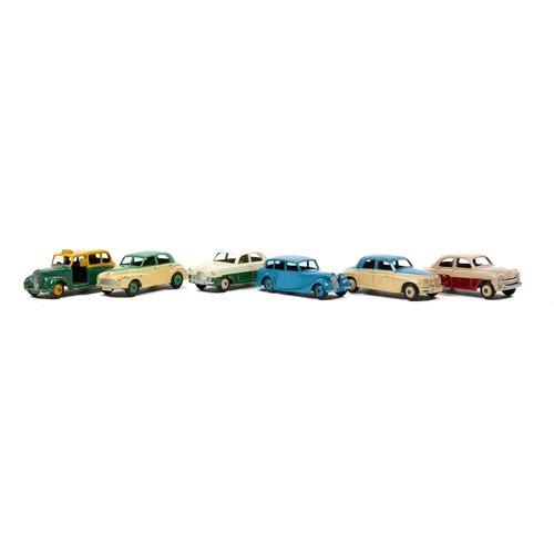 314 - 6 Dinky Toys. Triumph 1800 in mid blue, Austin TAXI and green and yellow. Morris Cowley in green and... 