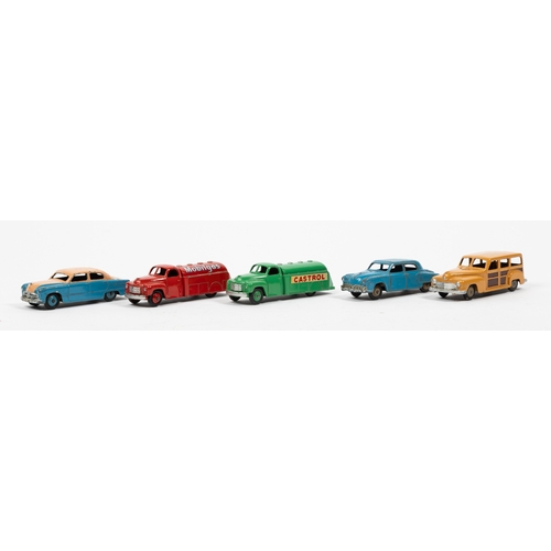 315 - 5 American Dinky Toys. Ford Sedan in pink and blue. Plymouth Estate Car in tan/brown. 2x Studebaker ... 