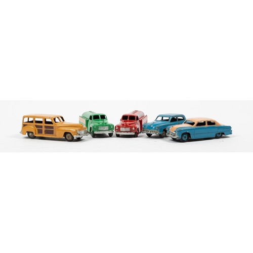 315 - 5 American Dinky Toys. Ford Sedan in pink and blue. Plymouth Estate Car in tan/brown. 2x Studebaker ... 