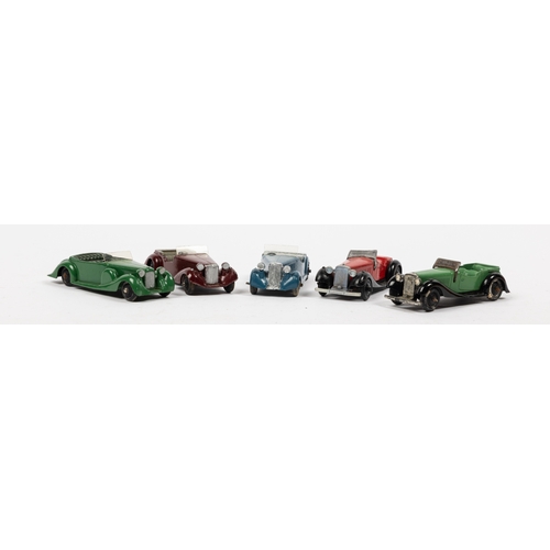 316 - 5 Dinky Toys. British Salmson 4 seater in green with. British Salmson 2 seater in red (screen replac... 