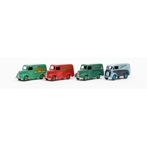 318 - 4 Dinky Toys. 3x Trojan Vans, CYDRAX in green, Chivers Jellies in dark green and a DUNLOP in red. Pl... 