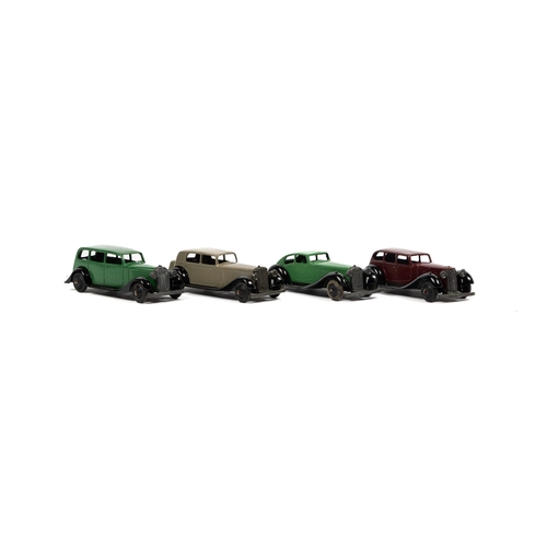 319 - 4 Dinky Toys. Daimler (30) in fawn, Vauxhall (30d) in green, Rover (36d) in green and an Armstrong S... 