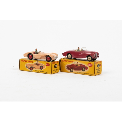 325 - 2 Dinky Toys Sports Cars. Aston Martin DB3S (104) in salmon punk with red seats and wheels, with dri... 