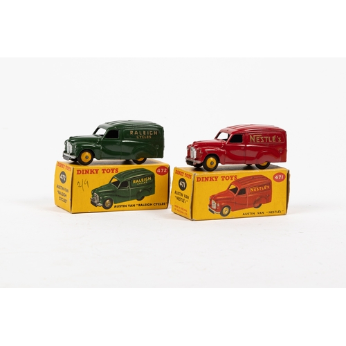 326 - 2 Dinky Toy Austin Vans. NESTLE'S (471), in red with yellow wheels. Plus a RALEIGH CYCLES (472) in d... 