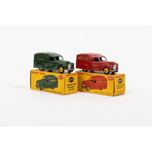 326 - 2 Dinky Toy Austin Vans. NESTLE'S (471), in red with yellow wheels. Plus a RALEIGH CYCLES (472) in d... 