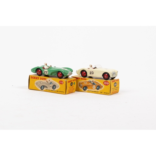 328 - 2 Dinky Toys. Aston Martin DB3 Sports (110). In green with red seats and wheels, RN22. Plus an Austi... 