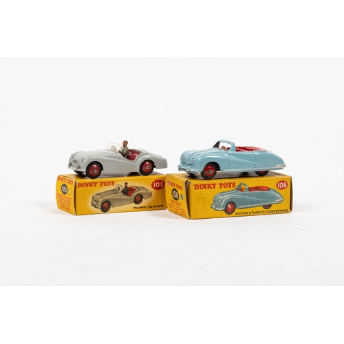 329 - 2 Dinky toys 105 Triumph TR2 sports, in grey with red seats and driver, together with with a 106 Aus... 