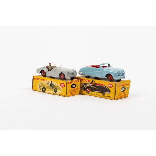 329 - 2 Dinky toys 105 Triumph TR2 sports, in grey with red seats and driver, together with with a 106 Aus... 