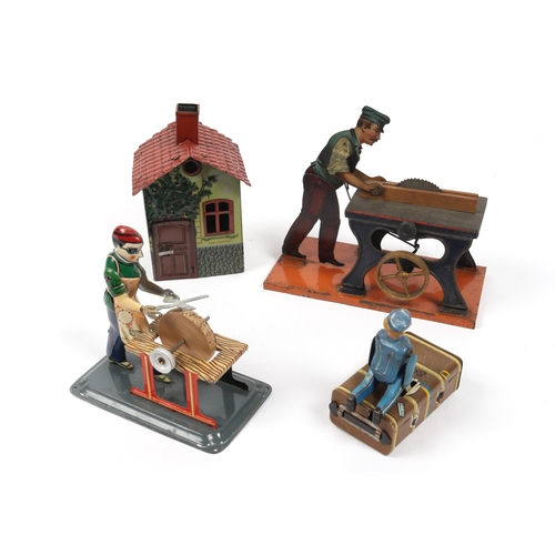 337 - 4 tinplate toys, Wilesco man sharpening sheers, possibly from the 1980s, Gesha station porter riding... 