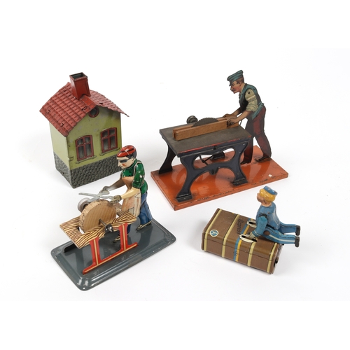 337 - 4 tinplate toys, Wilesco man sharpening sheers, possibly from the 1980s, Gesha station porter riding... 