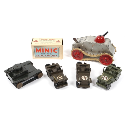 339 - 5 Tri-ang Minic etc clockwork Military vehicles. An early 'Lines Bros' WWI style tank in silver with... 