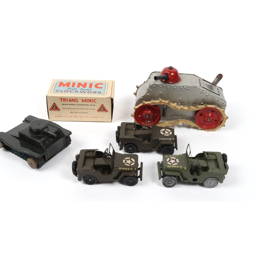 339 - 5 Tri-ang Minic etc clockwork Military vehicles. An early 'Lines Bros' WWI style tank in silver with... 