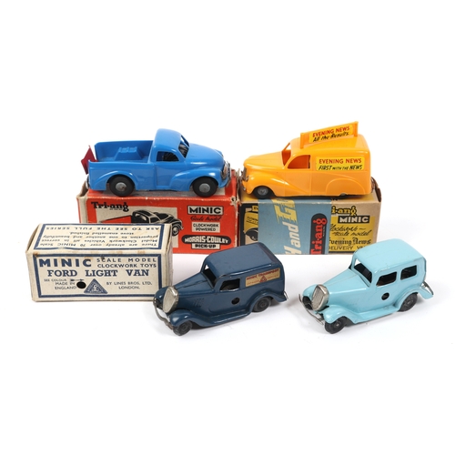 341 - 4 Tri-ang Minic tinplate and plastic clockwork/friction powered  vehicles. A Ford Light Van in dark ... 