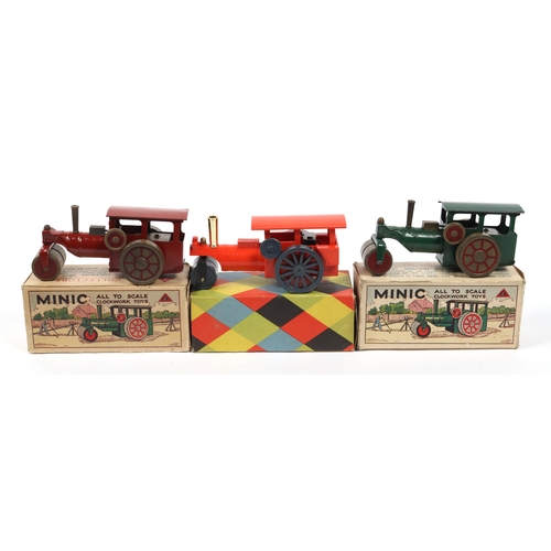 342 - 3 Tri-ang Minic Clockwork Steamrollers. 3 variations, 2 early pre-War tinplate examples, one in red ... 