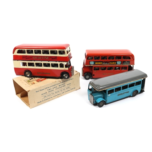 344 - 3 Tri-ang Minic Buses. 2 Double Deck Buses, one a clockwork Route 177 example in red and cream Londo... 