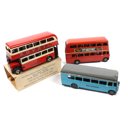 344 - 3 Tri-ang Minic Buses. 2 Double Deck Buses, one a clockwork Route 177 example in red and cream Londo... 