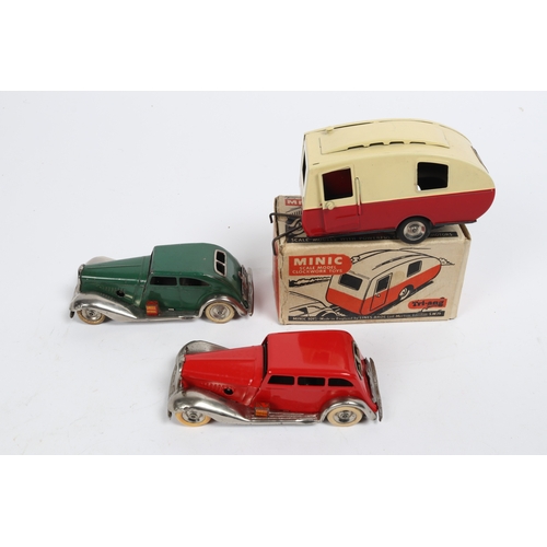 346 - 3 Tri-ang Minic. 2 pre-War clockwork cars, a Limousine, well repainted in bright red, with plated mu... 