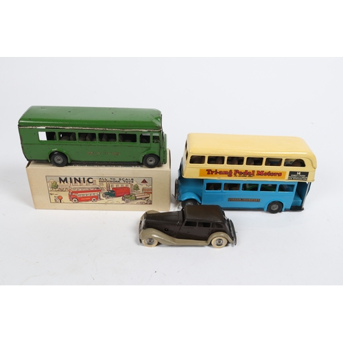 347 - 3 Tri-ang Minic Clockwork Vehicles. A Limousine in dark brown with tan mudguards and running boards,... 