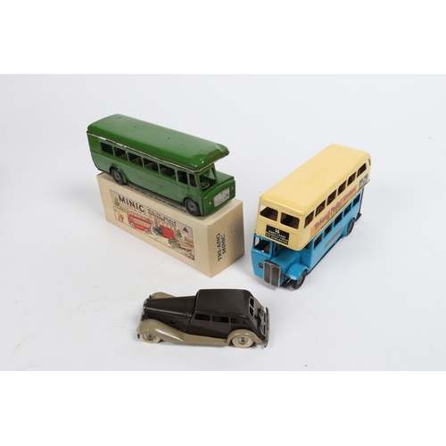 347 - 3 Tri-ang Minic Clockwork Vehicles. A Limousine in dark brown with tan mudguards and running boards,... 