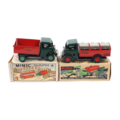 349 - 2 Tri-ang Minic Clockwork Forward Control Lorries. A Short Bonnet Tipper. Cab in dark green with red... 