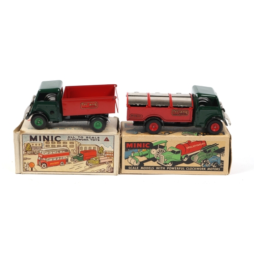 349 - 2 Tri-ang Minic Clockwork Forward Control Lorries. A Short Bonnet Tipper. Cab in dark green with red... 