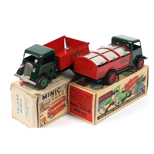 349 - 2 Tri-ang Minic Clockwork Forward Control Lorries. A Short Bonnet Tipper. Cab in dark green with red... 