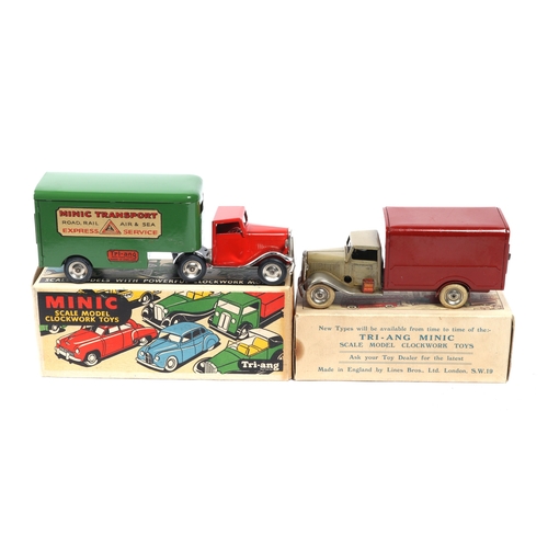 351 - 2 Tri-ang Minic Clockwork Lorries. An early pre-War Delivery Van. An example with fawn cab, plated m... 