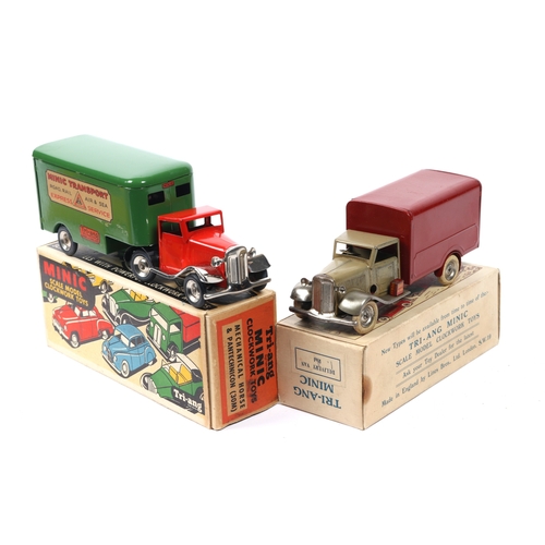 351 - 2 Tri-ang Minic Clockwork Lorries. An early pre-War Delivery Van. An example with fawn cab, plated m... 