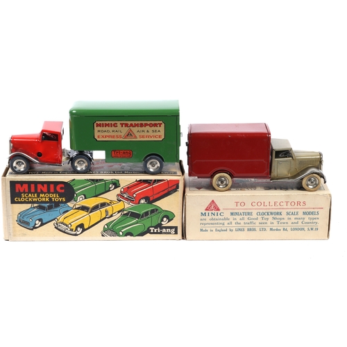 351 - 2 Tri-ang Minic Clockwork Lorries. An early pre-War Delivery Van. An example with fawn cab, plated m... 