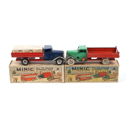 352 - 2 Tri-ang Minic Clockwork Lorries. An early pre-War Tip Lorry. Cab in mid green with plated mudguard... 