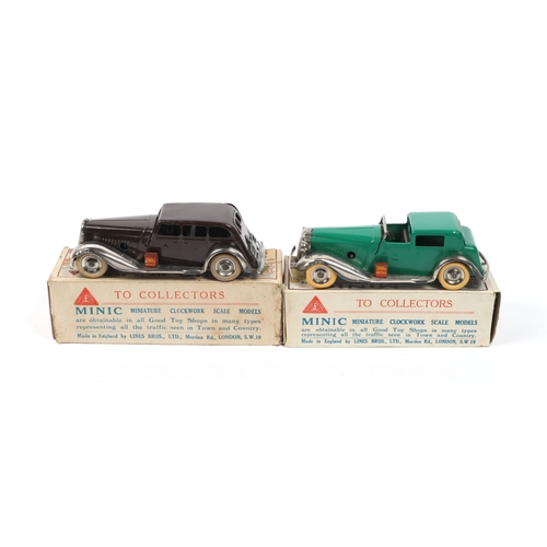 354 - 2 early Tri-ang Minic Cars. A pre-War Limousine in chocolate brown with plated mudguards/running boa... 