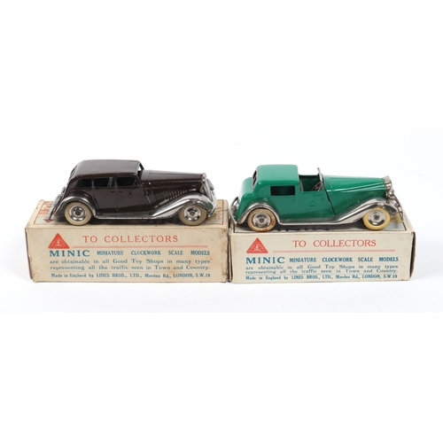 354 - 2 early Tri-ang Minic Cars. A pre-War Limousine in chocolate brown with plated mudguards/running boa... 