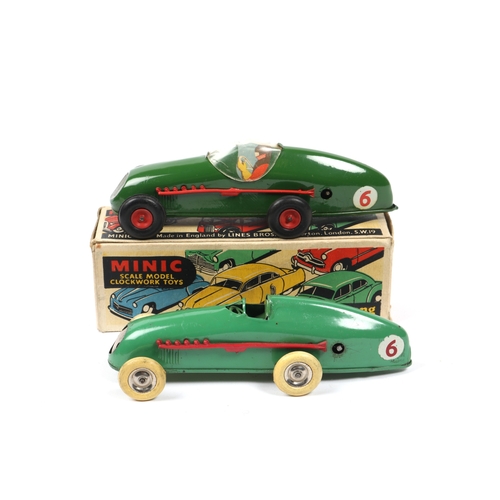 355 - 2 Tri-ang Minic clockwork racing cars. An early pre-War example 13M with open cockpit in light green... 