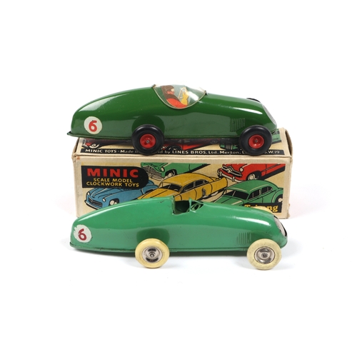 355 - 2 Tri-ang Minic clockwork racing cars. An early pre-War example 13M with open cockpit in light green... 