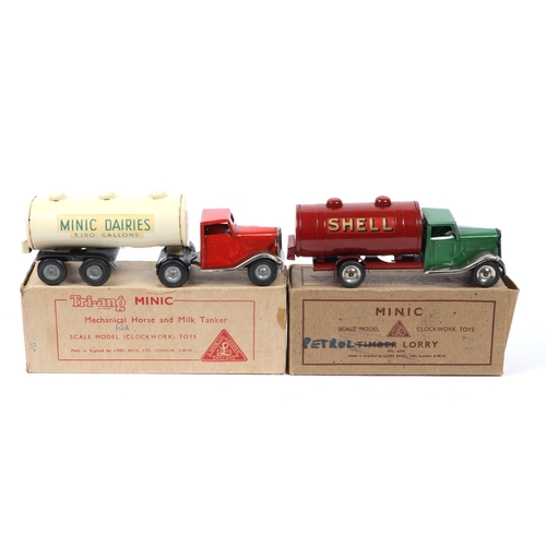 357 - 2 Tri-ang Minic Clockwork Lorries. An Articulated Milk Tanker. An example with a red tractor unit wi... 