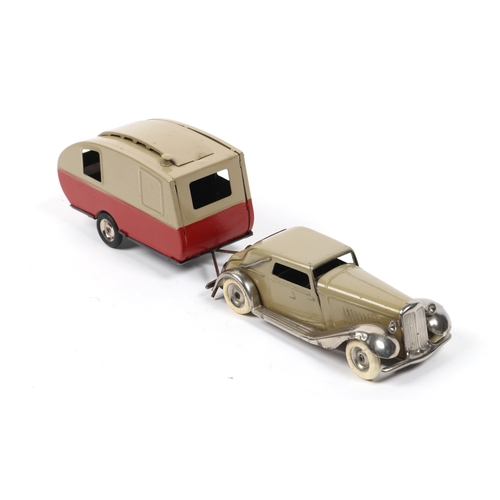 359 - 2 Tri-ang Minic. A clockwork pre-War Cabriolet in fawn with plated mudguards and running boards, exa... 