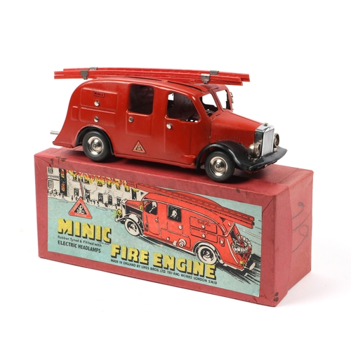 364 - Tri-ang Minic clockwork Fire Engine. An earlier example red with black mudguards, complete with red ... 