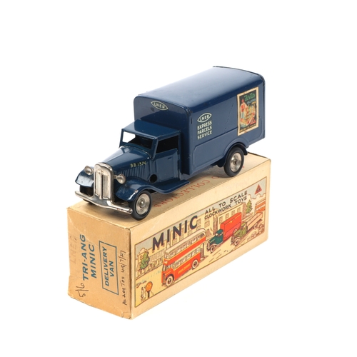 367 - A Tri-ang Minic clockwork LNER Van. In dark blue LNER Express Parcels Service livery, with paper adv... 