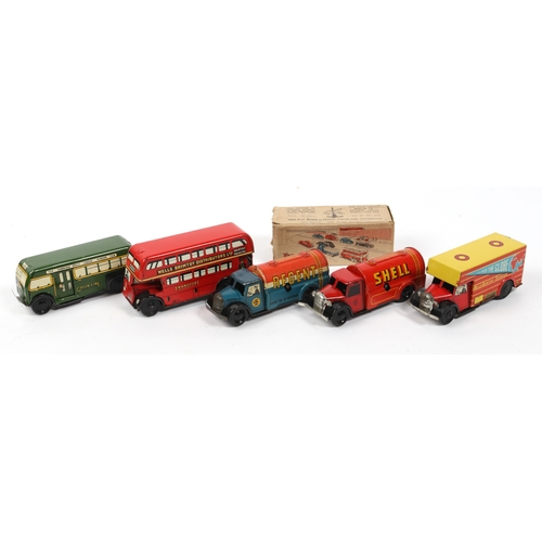 368 - 5 Wells Brimtoy pocket toys vehicles. Double decker bus, Regent tanker, Shell tanker, all over the g... 