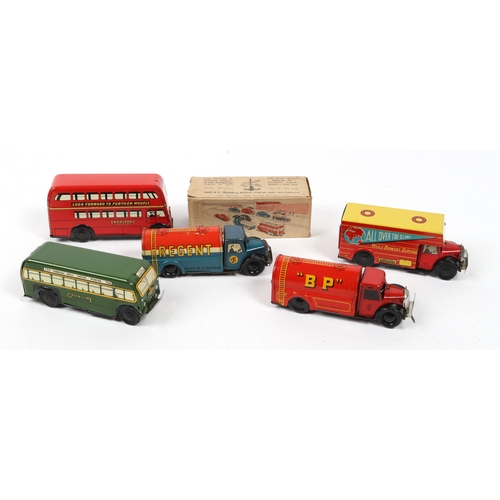 368 - 5 Wells Brimtoy pocket toys vehicles. Double decker bus, Regent tanker, Shell tanker, all over the g... 