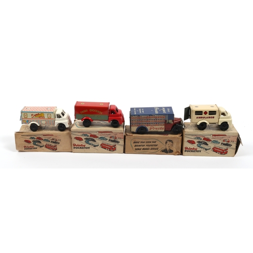 370 - 4 Wells Brimtoy Pocket toys Vehicles. Presta Removals van, Ambulance, ice cream van with opening sid... 