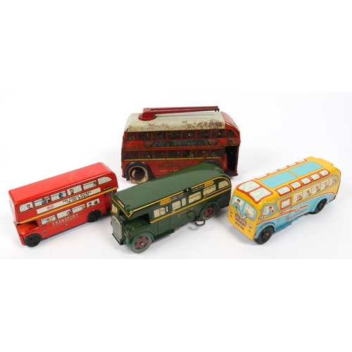 372 - 4 Wells toys tin plate bus toys. Green line single decker with windup motor and integrated key, meta... 