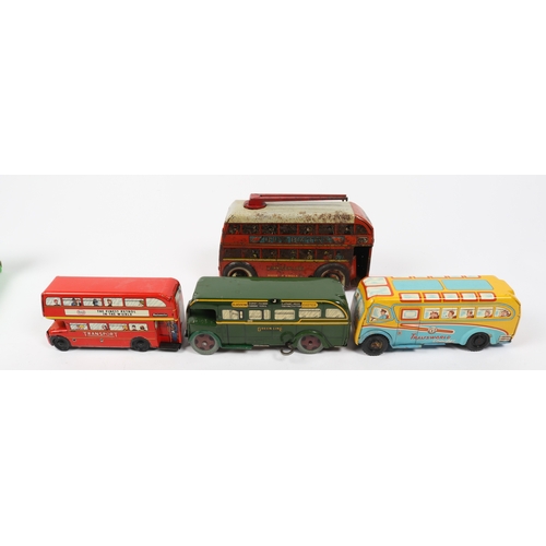 372 - 4 Wells toys tin plate bus toys. Green line single decker with windup motor and integrated key, meta... 