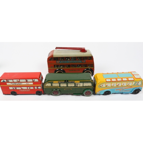 372 - 4 Wells toys tin plate bus toys. Green line single decker with windup motor and integrated key, meta... 