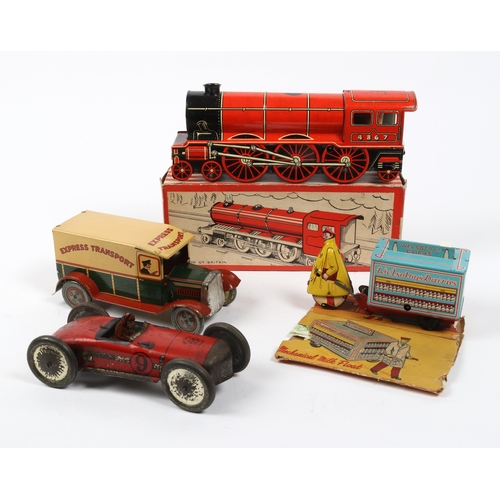 373 - 4 Wells of London tinplate vehicles. includes a red racing car with large metal wheels and driver, s... 