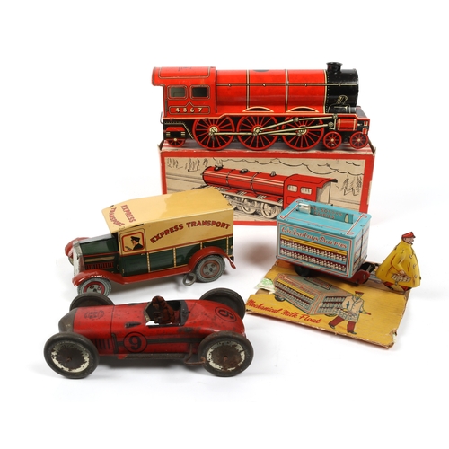 373 - 4 Wells of London tinplate vehicles. includes a red racing car with large metal wheels and driver, s... 