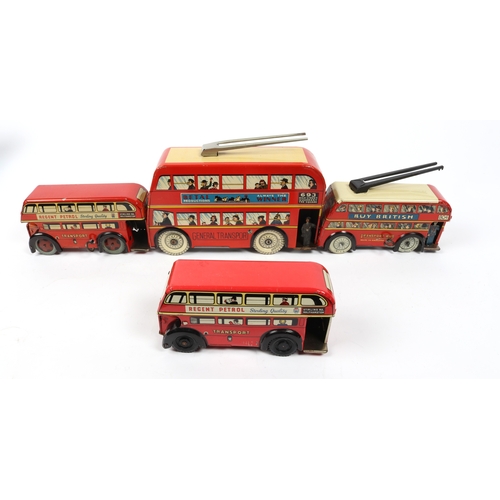 374 - 4 Wells Toys tinplate Bus toys. 2 old style London busses, one has clockwork motor and large tin whe... 