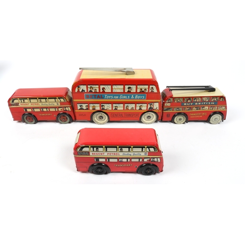 374 - 4 Wells Toys tinplate Bus toys. 2 old style London busses, one has clockwork motor and large tin whe... 