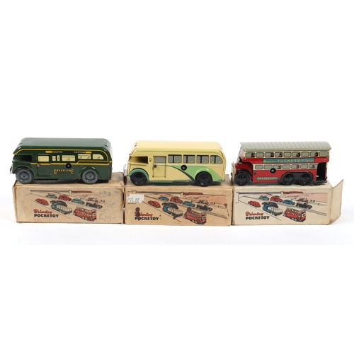 375 - 3 Wells Brimtoy pocket toys tinplate clockwork toys. Greenline  bus with grey plastic wheels, and sl... 