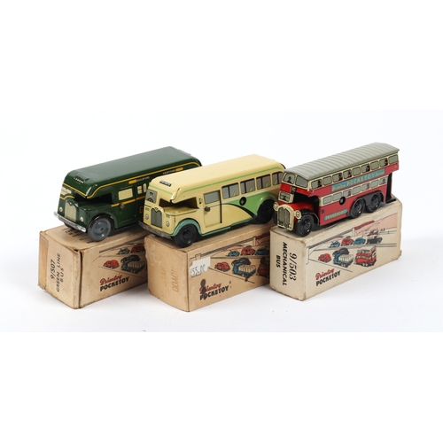 375 - 3 Wells Brimtoy pocket toys tinplate clockwork toys. Greenline  bus with grey plastic wheels, and sl... 